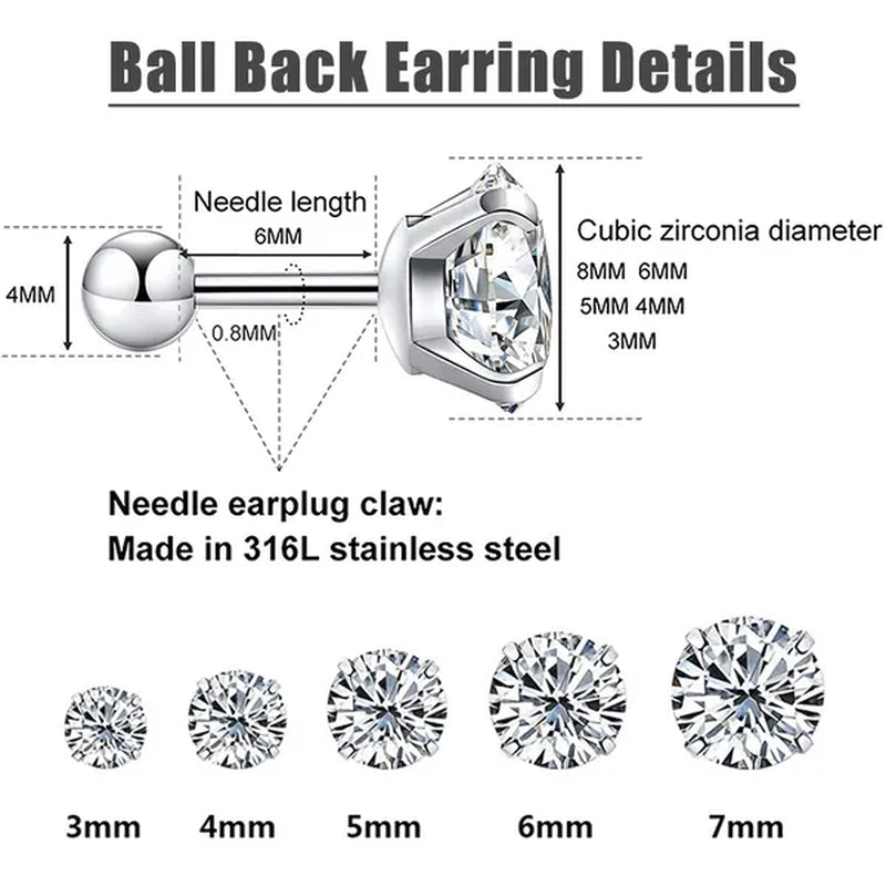 5 Pairs/Set Stainless Steel Mens Womens Stud Earrings Set round Cubic Zirconia Flat Back Earrings Piercing Ear Cartilage Hypoallergenic Men'S Earrings 3-7Mm