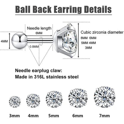 5 Pairs/Set Stainless Steel Mens Womens Stud Earrings Set round Cubic Zirconia Flat Back Earrings Piercing Ear Cartilage Hypoallergenic Men'S Earrings 3-7Mm