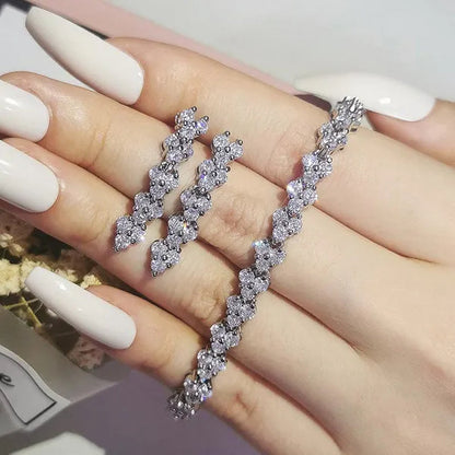 Gorgeous New Retro Silver Designer Engagement Marriage Diamond Bracelet and Long Drop Earrings Jewelry Set for Women Tarnish Free Fine Jewellery Big White CZ Crytstal Jewelry Set (2Pcs) Wedding Drop Earrings