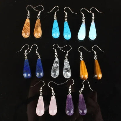1Pair Option 29X10MM Water Drop Amethyst Clear Quartz Lapis Lazuli Turquoise Rose Quartz Opal Tiger Eye Drop Earrings