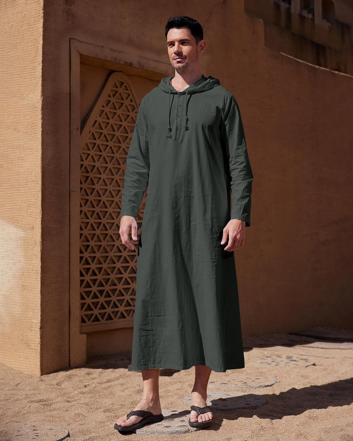Long Sleeve Kaftan Thobe Button down Men Thobe with Pocket Big and Tall Kaftan Muslim Men Thobe