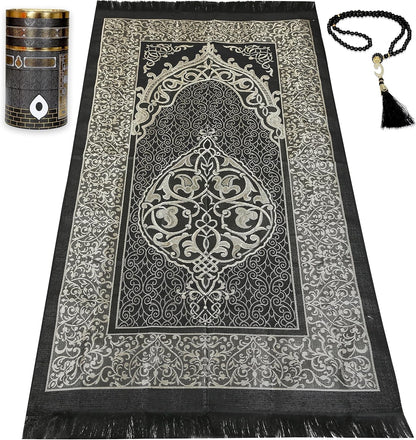 Muslim Prayer Rug Islam and Beads, Kaabe Design Box Eid Ramadan Gifts Islamic Set Carnal Salah Mat Taffeta Fabric Black Soft Prayer Mats Men and Women (Black)