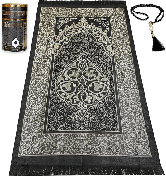 Muslim Prayer Rug Islam and Beads, Kaabe Design Box Eid Ramadan Gifts Islamic Set Carnal Salah Mat Taffeta Fabric Black Soft Prayer Mats Men and Women (Black)