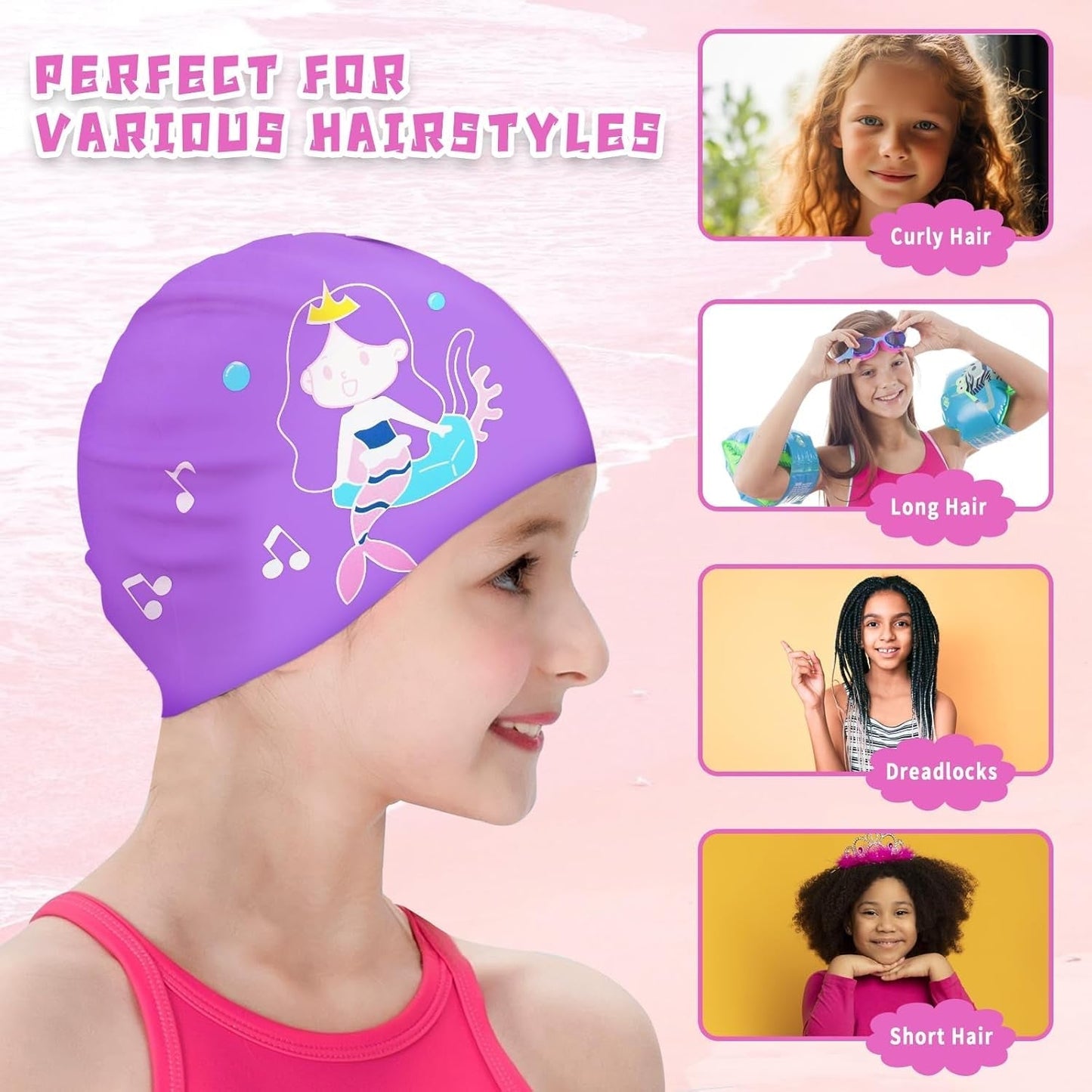 2 Pack Swim Cap for Kids Girl Boys Youth, Waterproof Swimming Cap for Long and Short Hair, Durable Silicone Bathing Cap with Storage Bag