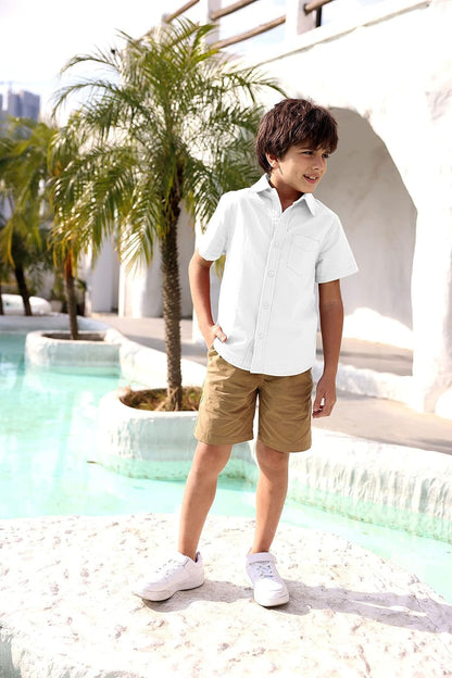 Boys' Long Sleeve Dress Shirts Classic Collared Button-Down Tshirt Solid Cotton Top with Chest Pocket
