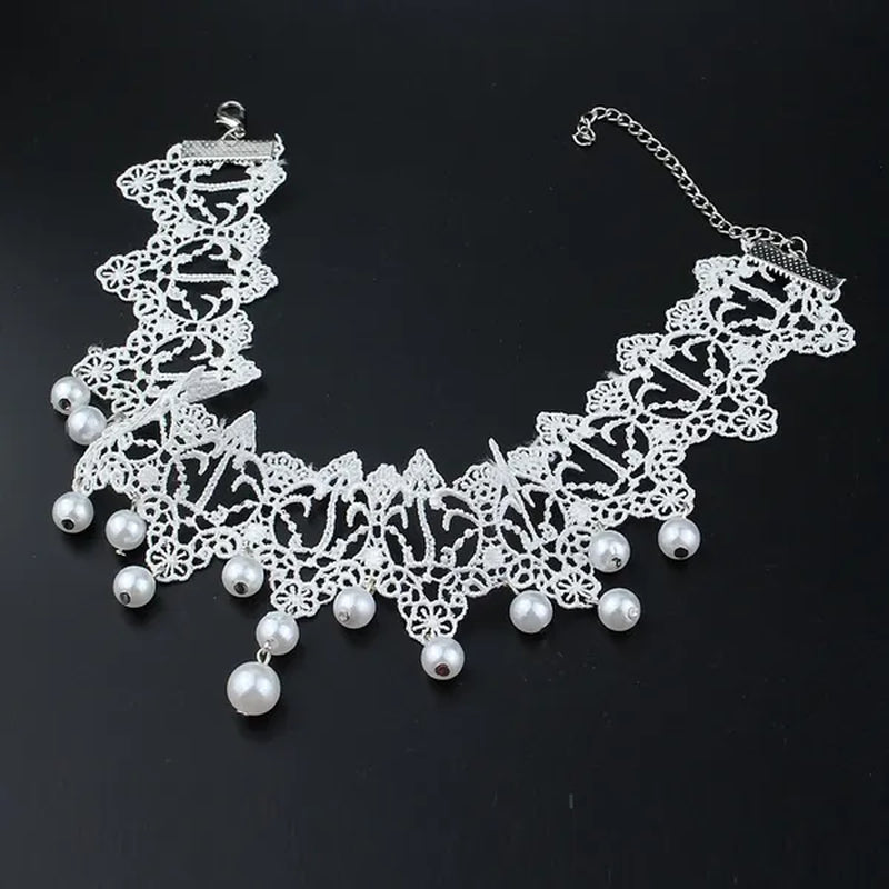 White Lace Necklace Chokers Black Collares Vintage Style Female Gothic Wedding Red Rose Crystal Diamond Pendant Collarbone Necklaces Chain Accessories for Women Girls