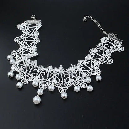White Lace Necklace Chokers Black Collares Vintage Style Female Gothic Wedding Red Rose Crystal Diamond Pendant Collarbone Necklaces Chain Accessories for Women Girls