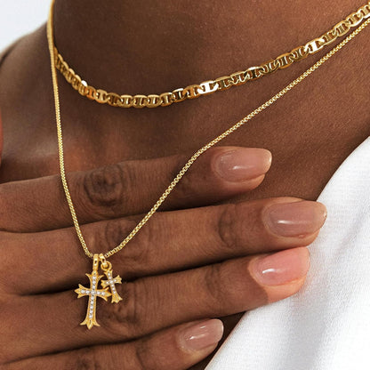Bubble Cross Necklace for Women 14K Gold Plated Cross Necklace Stackable Dainty Gold Necklace Mariner Chain Necklace CZ Cross Pendant Necklaces Set Simple Jewelry Gift