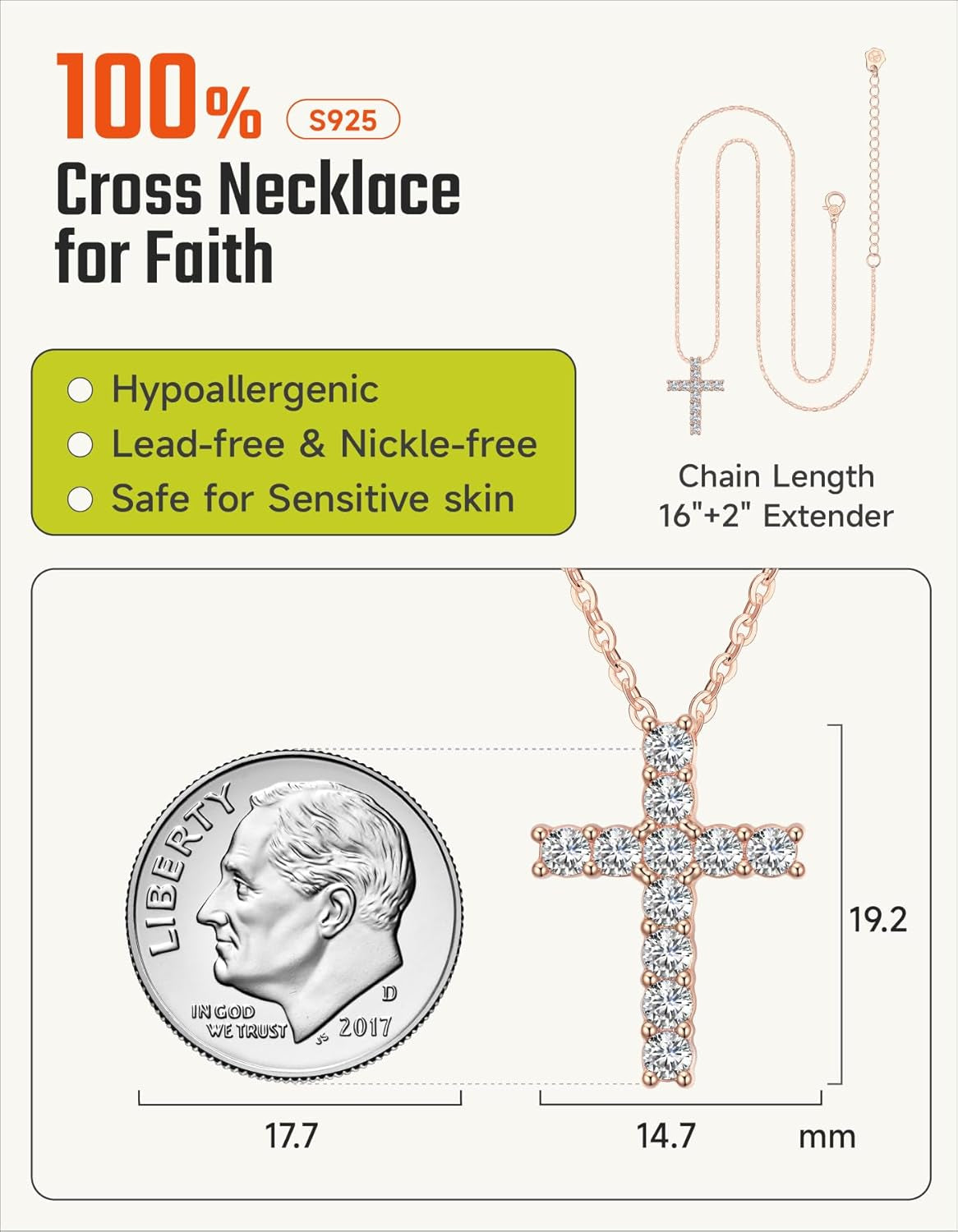 Cross Necklace for Girls Women 925 Sterling Silver 14K Gold Plated 5A Cubic Zirconia Womens Cross Jewelry Pendant, Birthday Valentine'S Day Baptism Christian Gifts for Her Wife (White/14K/Rose)