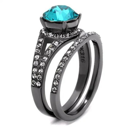 2.39 Ct Blue Zircon Crystal Gray Stainless Steel Wedding Ring Set Women's Size 5-10