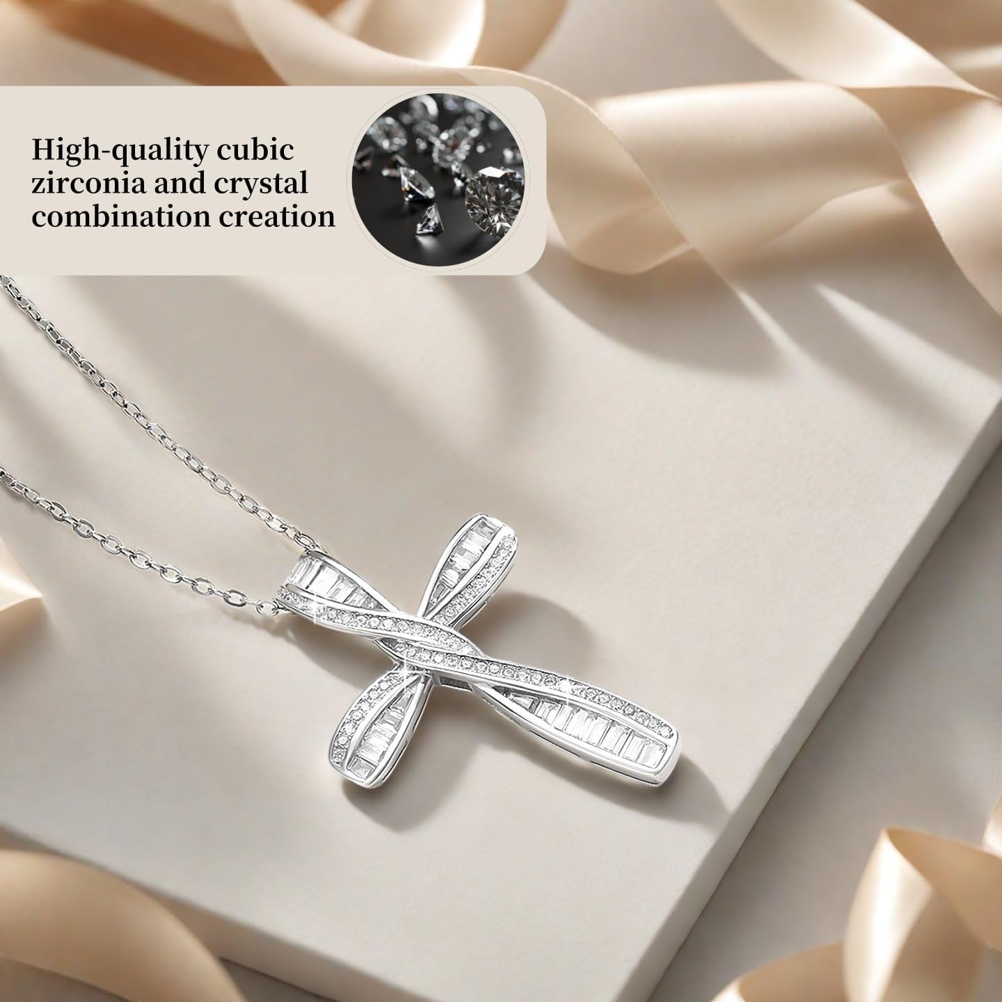Cross Necklace for Women, 925 Sterling Silver Cross Necklaces, White Gold Cross Pendants,Cubic Zirconia Infinity Loop Cross Pendant Necklace