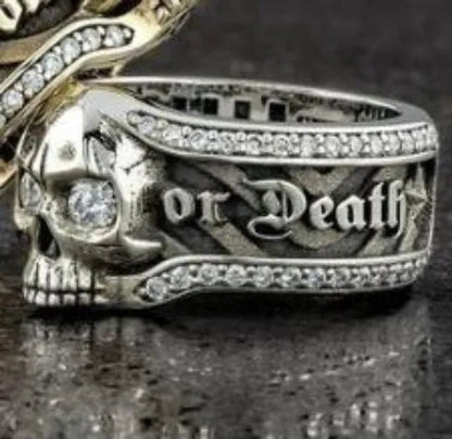 Vintage Stainless Steel Micro Inlaid Cubic Zirconia Gothic "Freedom or Death" Skeleton Skull Cocktail Rider Statement Halloween Christmas Ring Gift
