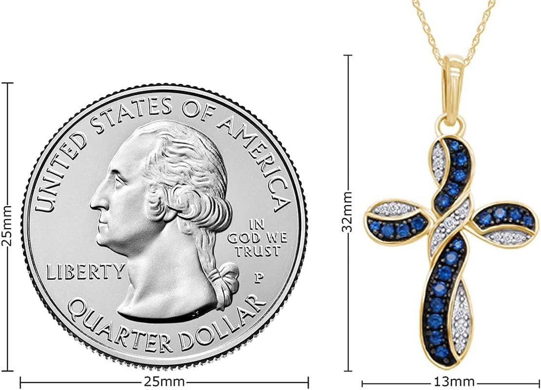 round Simulated Blue Sapphire & White Cubic Zirconia Cross Pendant Necklace in 14K Gold over Sterling Silver 18" Chain