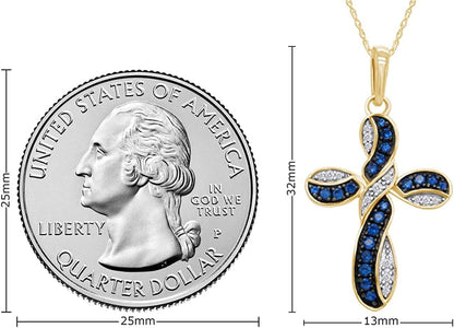 round Simulated Blue Sapphire & White Cubic Zirconia Cross Pendant Necklace in 14K Gold over Sterling Silver 18" Chain