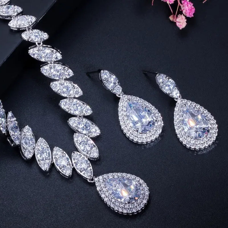 Gloriya Gorgeous Platinum Plated Party Jewelry Paved Indian Red Cubic Zirconia Crystal Big Tear Drop Necklace Earrings Set for Female Evening