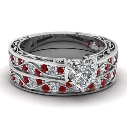 Exquisite Heart White Sapphire Wedding Ring Ruby Bridal Engagement Ring Set Wedding Band Anniversary Promise Jewelry Gift