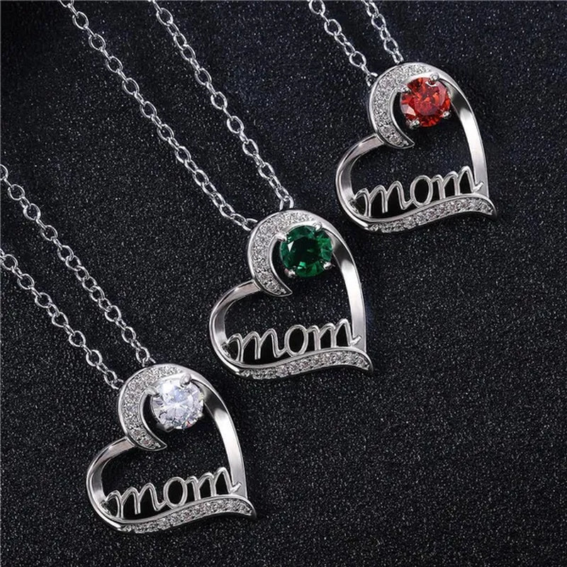 Love Mum Silver Plated Ruby MOM Character Emerald Necklace Jewelry Family Birthday Best Gift for Mother Mummy Party Wedding Band Necklace Christmas Gift