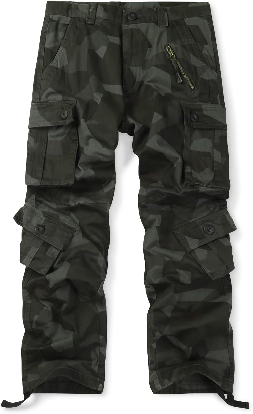 Men'S Cotton Casual Cargo Work Pants Baggy Camo Tactical Combat Trousers with 8 Pockets (No Belt)