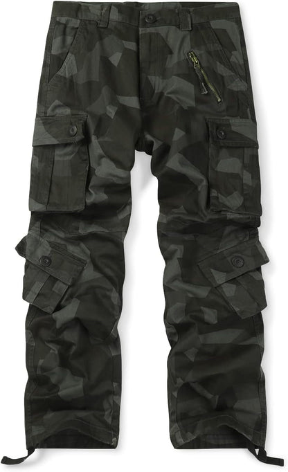 Men'S Cotton Casual Cargo Work Pants Baggy Camo Tactical Combat Trousers with 8 Pockets (No Belt)