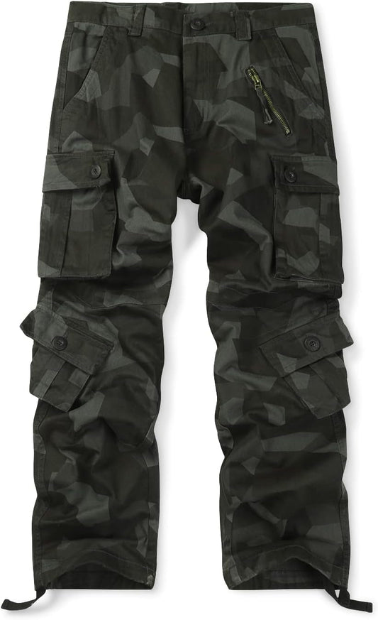 Men'S Cotton Casual Cargo Work Pants Baggy Camo Tactical Combat Trousers with 8 Pockets (No Belt)