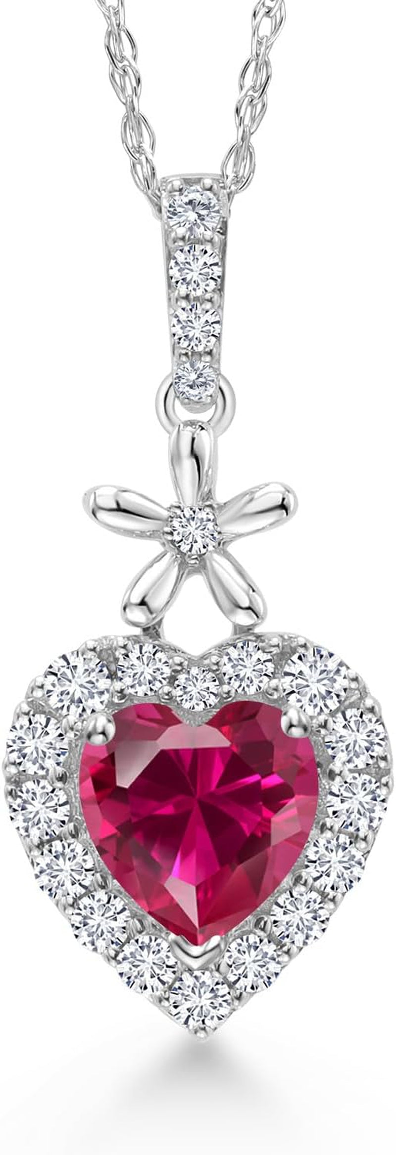 10K White Gold Red Created Ruby and White Lab Grown Diamond Pendant Necklace for Women (0.71 Cttw, Heart Shape 5MM, with 18 Inch Chain)