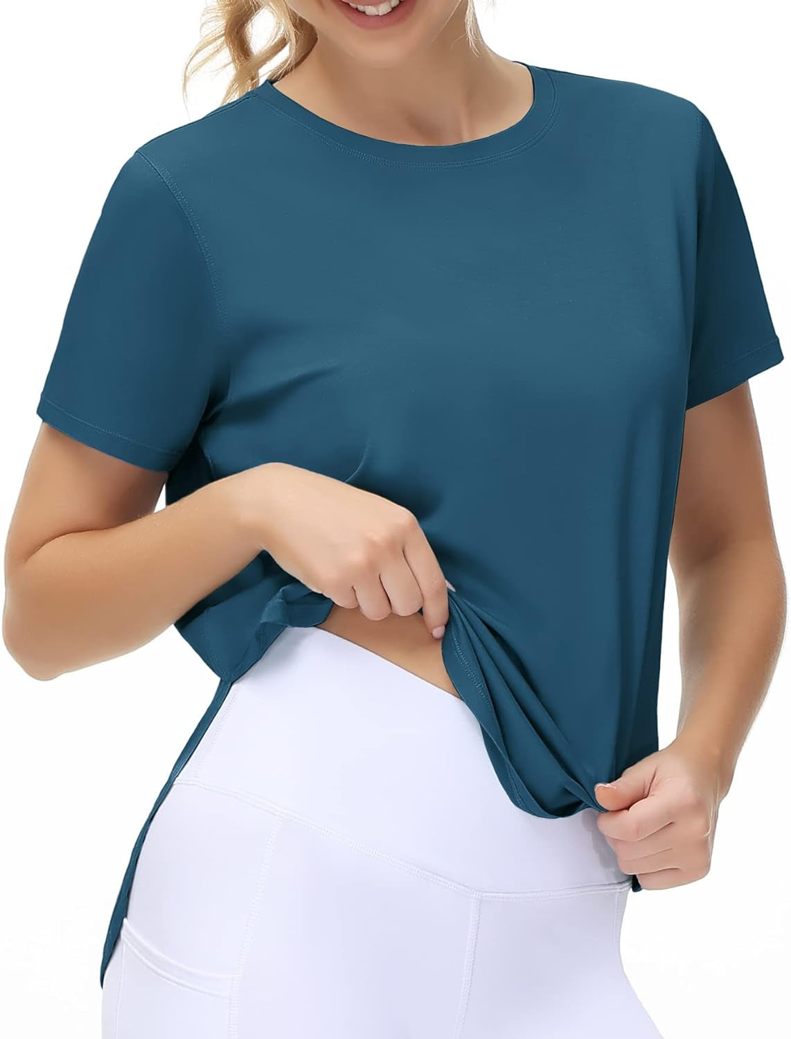 Women'S Workout T-Shirts Loose Fit Short Sleeve Cotton Running Basic Tee Tops with Split Hem