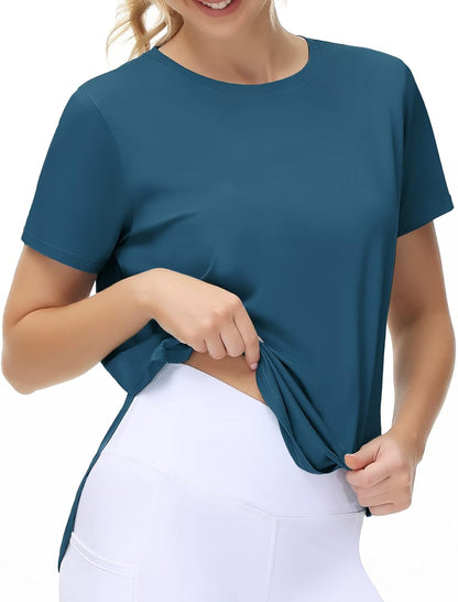 Women'S Workout T-Shirts Loose Fit Short Sleeve Cotton Running Basic Tee Tops with Split Hem