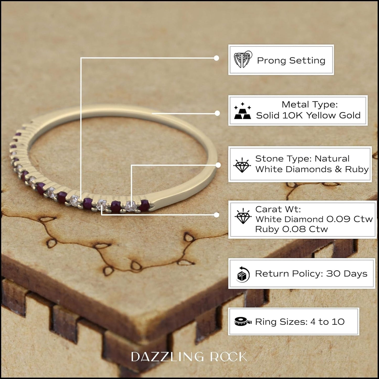 Alternate round Ruby & White Diamond Wedding Stackable Band for Women in Solid Gold