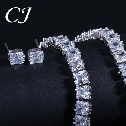 CANDICE Platinum Plating Elegant Party Jewelry Set Pave Glittering Princess Cut Pure Zirconia Choker Necklace Earrings and Bracelet for Women Wedding Gift