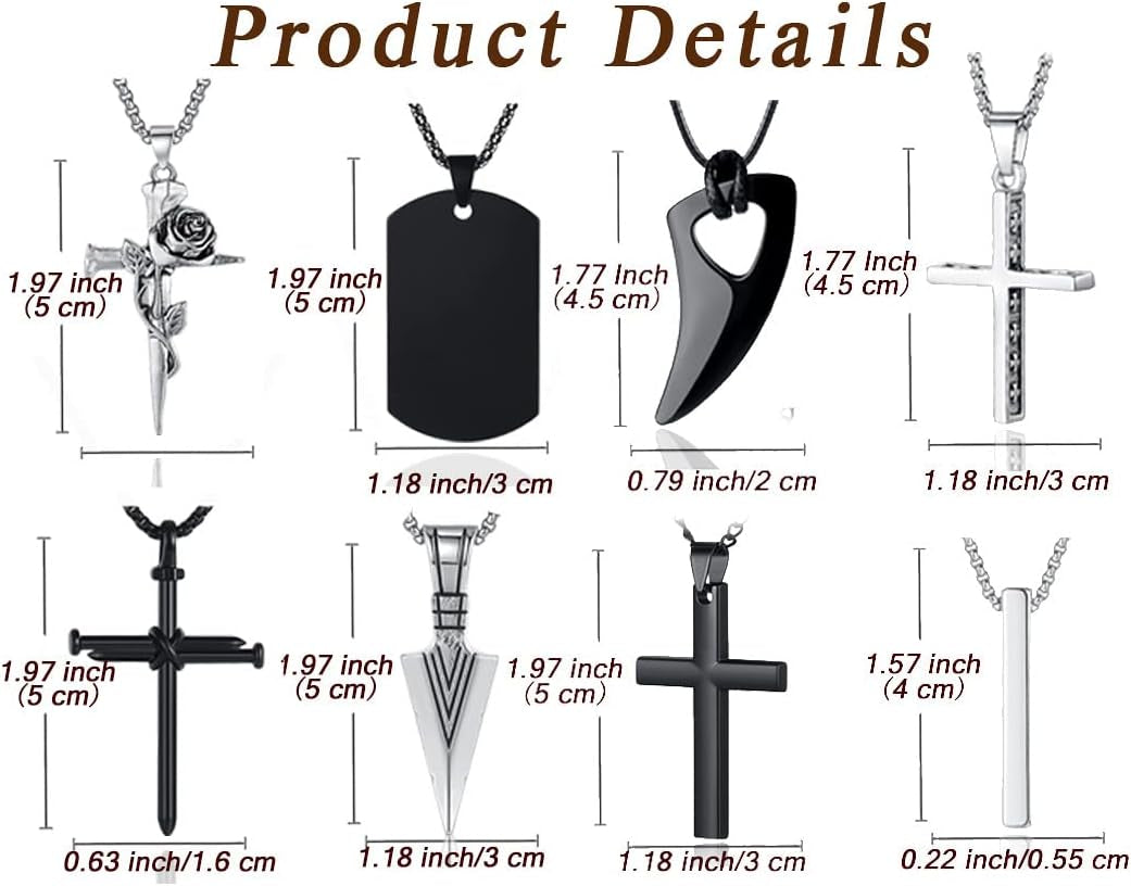 8 Pcs Necklace for Men, Mens Necklaces Jewelry Set, Black and Silver Stainless Steel Necklace, Cross Pendant Necklace, 16-24 Inches Chain