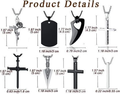 8 Pcs Necklace for Men, Mens Necklaces Jewelry Set, Black and Silver Stainless Steel Necklace, Cross Pendant Necklace, 16-24 Inches Chain