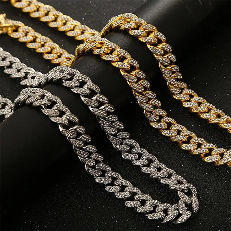 13MM  24K Gold/925 Silver Iced Out BlingBling Diamond Cuban Link Chain Miami Choker Necklace Bracelet Jewelry Set for Fashion Men and Women Hip Hop Jewelry