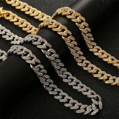 13MM  24K Gold/925 Silver Iced Out BlingBling Diamond Cuban Link Chain Miami Choker Necklace Bracelet Jewelry Set for Fashion Men and Women Hip Hop Jewelry