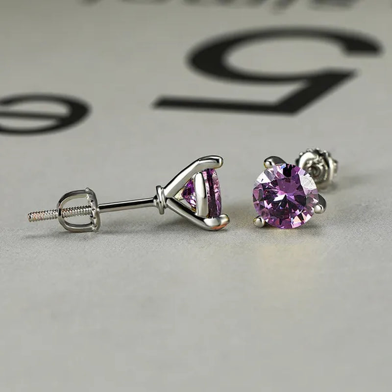 Chic 18K Gold Three-Prong Martini Round Amethyst Stud Earrings Bride Wedding Engagement Jewelry Gifts 6mm/7mm/8mm