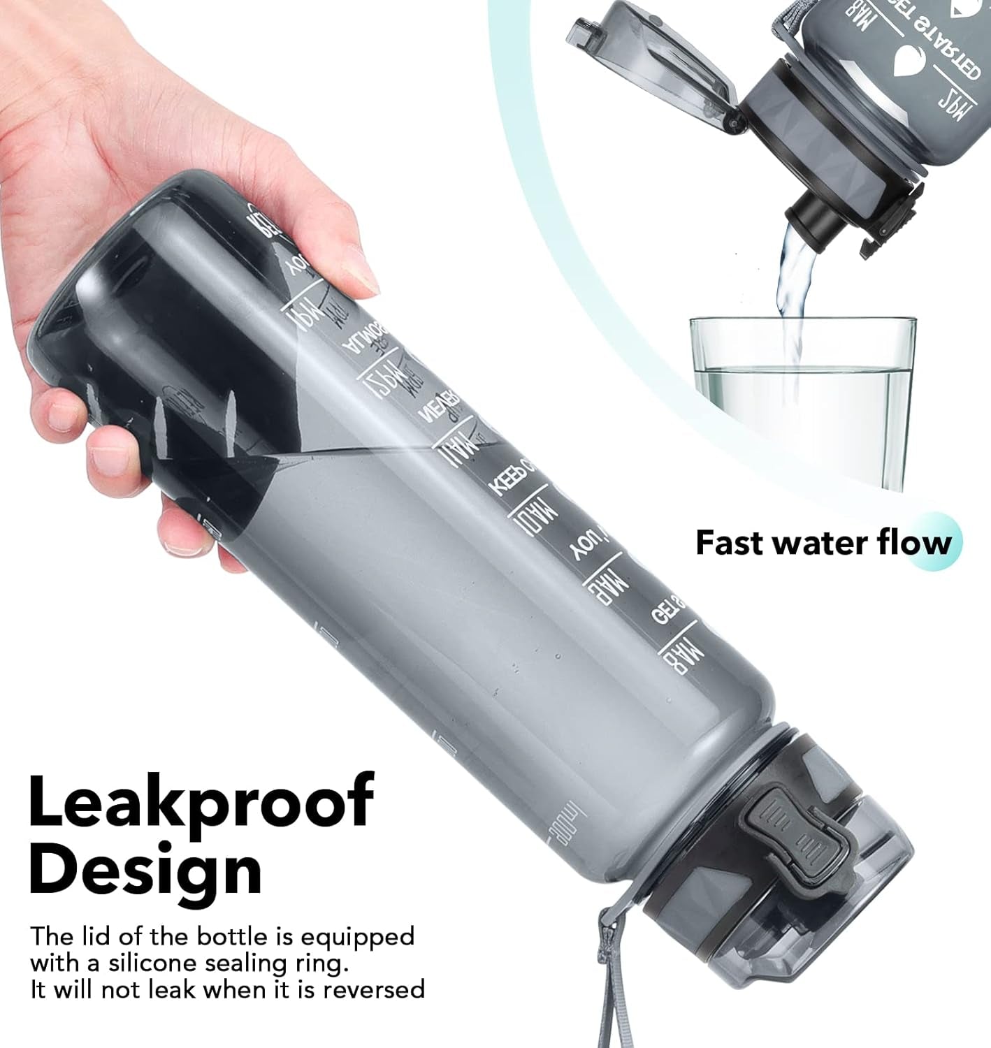 Sports Water Bottle -  1L Leakproof Water Bottle, BPA Free Tritan Plastic Sports Bottle, Motivational Water Bottle with Filter & Time Marker for Outdoor