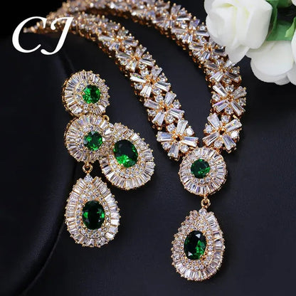 CANDICE African Gold Plating Hand-Inlay CZ Pendant Necklace and Earrings Gorgeous Dubai Women Wedding Party Tear Drop Jewelry Set with Red Crystal