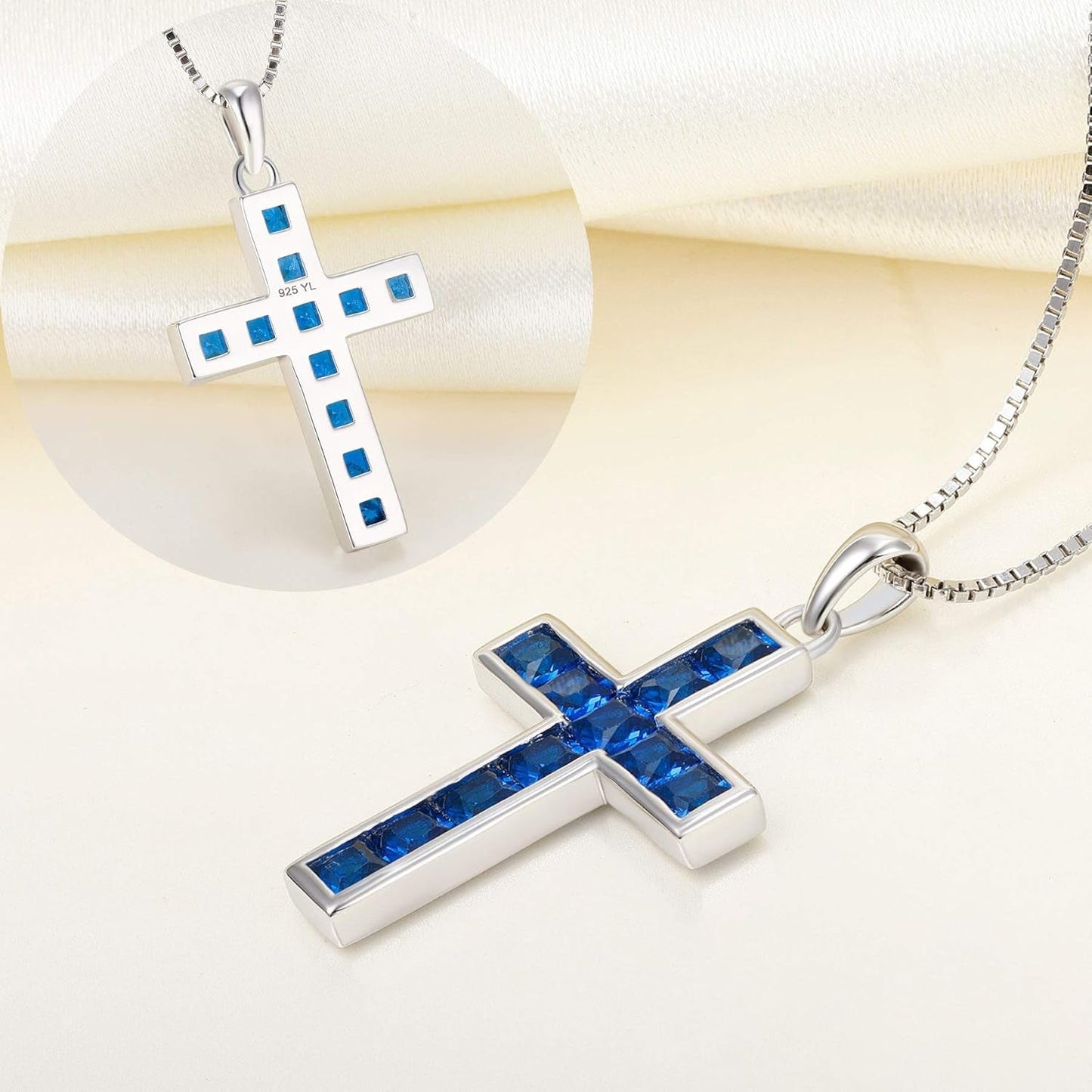 925 Sterling Silver Cross Necklace for Women Halo Pendant Princess Cut Birthstone Jewelry for Mom