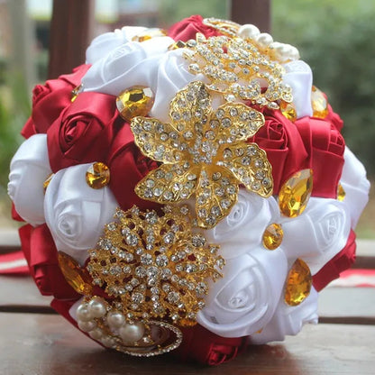 Private Custom 18CM Wedding Bouquet Luxury Gold Crystal Brooch Bride Bouquet Pure Handmade Silk Rose Ribbon Wedding Bride Holding Flowers Multi-color Optional