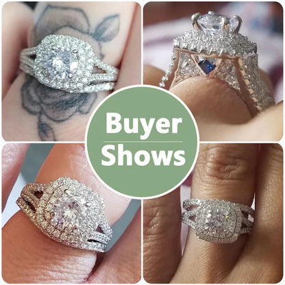 Newshe Vintage Wedding Ring Sets AAAAA Cubic Zirconia Double Halo Engagement Rings for Women Solid 925 Sterling Silver Sz 4.5-13