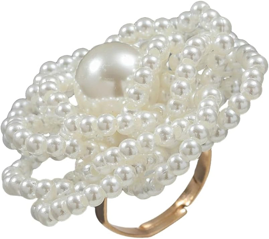 Pearl Ball Flower Statement Ring for Women Girls Gold Tone Handmade Adjustable Expandable Artificial Pearls Bead Cluster Open Wrap Finger Rings Comfort Fit Fashion Wedding Christmas Theme Party Jewelry Gift - WORLD TIME VISITS