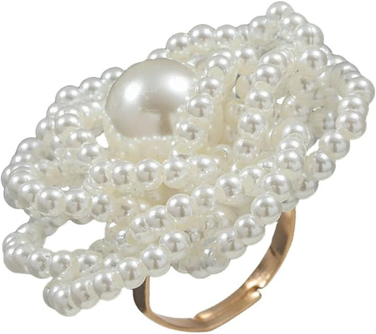 Pearl Ball Flower Statement Ring for Women Girls Gold Tone Handmade Adjustable Expandable Artificial Pearls Bead Cluster Open Wrap Finger Rings Comfort Fit Fashion Wedding Christmas Theme Party Jewelry Gift - WORLD TIME VISITS