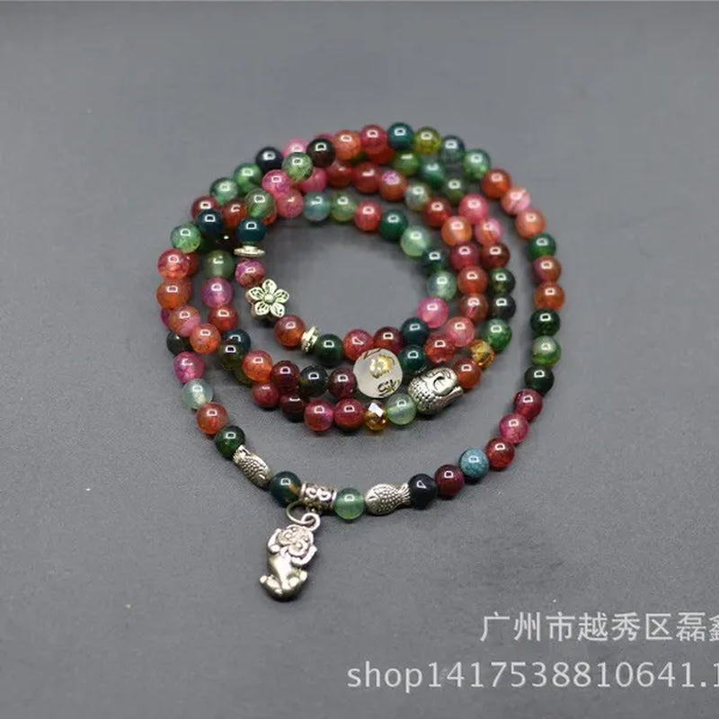 Lucky 6Mm Tourmaline Agate 108 BEADS BRACELET HANDMADE Agate Vingage Silver Plated Necklace - WORLD TIME VISITS