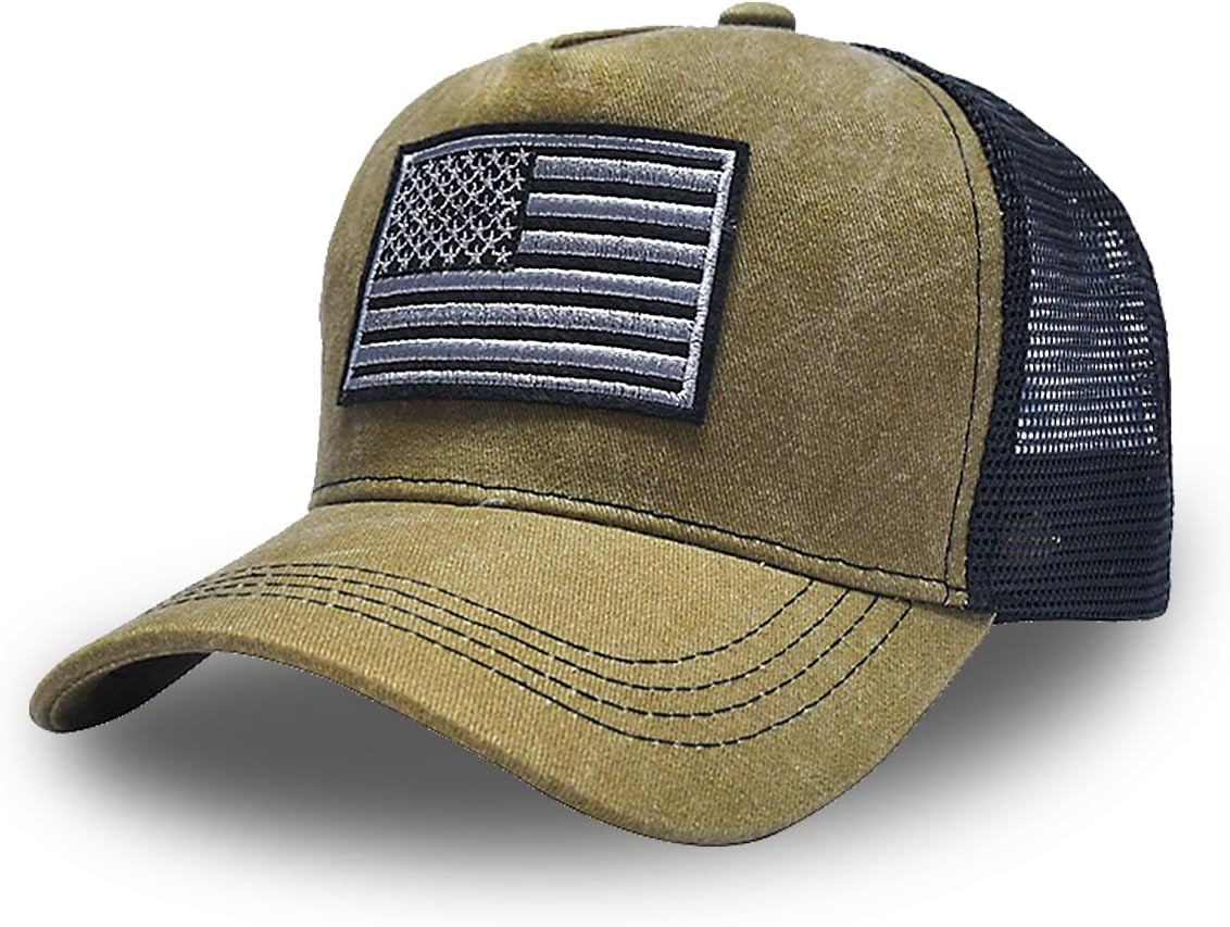 Tennis Cap American Flag Embroidered Baseball Cap Adjustable Trucker Cap for Both Men and Women Khaki