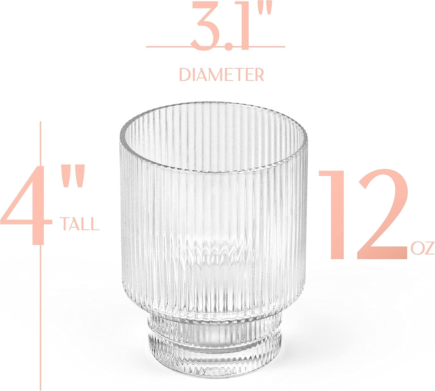 Vintage Art Deco Ribbed Lowball Cocktail Glasses | Set of 4 | 12 Oz Crystal Double Old Fashioned Tumblers for Drinking Classic Whiskey, Gin, Vodka Bar Drinks | round Glassware - WORLD TIME VISITS