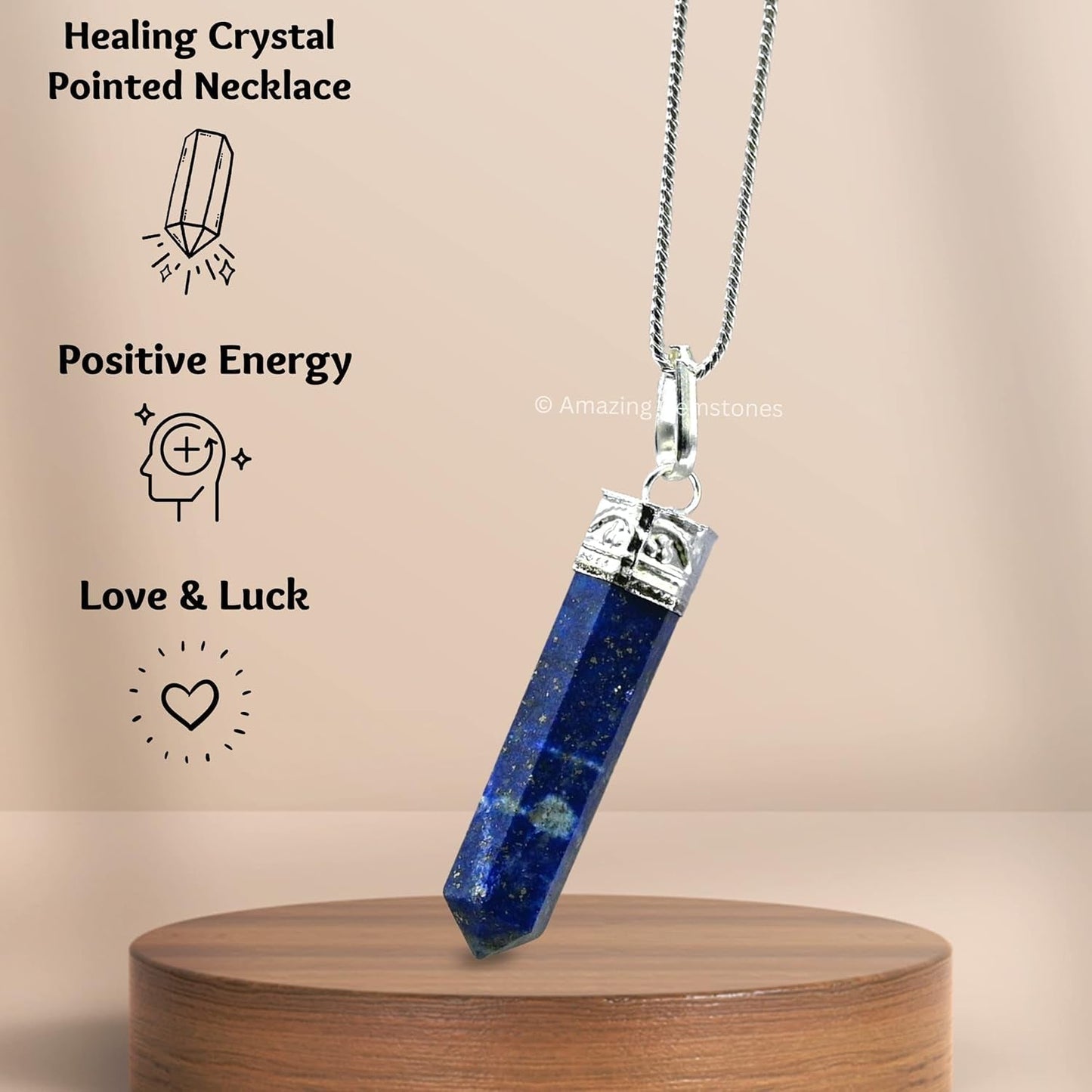 Lapis Lazuli Crystal Pencil Point Pendant Necklace with Adjustable Cord - Natural Healing Crystals and Stones for Men, Women