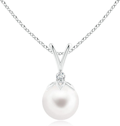 Natural Freshwater Pearl Pendant Necklace with Diamonds in Sterling Silver, 14K Solid Gold for Women, Girls, June Birthstone Jewelry Gift for Her, Birthday, Wedding, Anniversary, Valentines Day