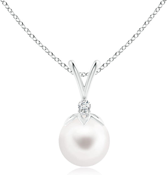 Natural Freshwater Pearl Pendant Necklace with Diamonds in Sterling Silver, 14K Solid Gold for Women, Girls, June Birthstone Jewelry Gift for Her, Birthday, Wedding, Anniversary, Valentines Day