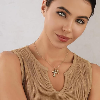Cross Necklace 14K Gold Plated/Sterling Silver Double Cross Pendant Cz,Cubic Zirconia Cross Necklaces for Women Men Jewelry Birthday Gifts