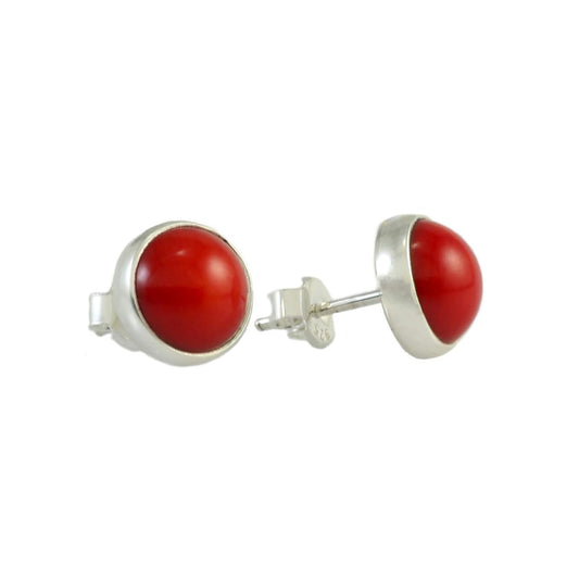 Sterling Silver 925 round 9.8Mm Natural Red Coral Tiny Handmade Stud Earrings for Women