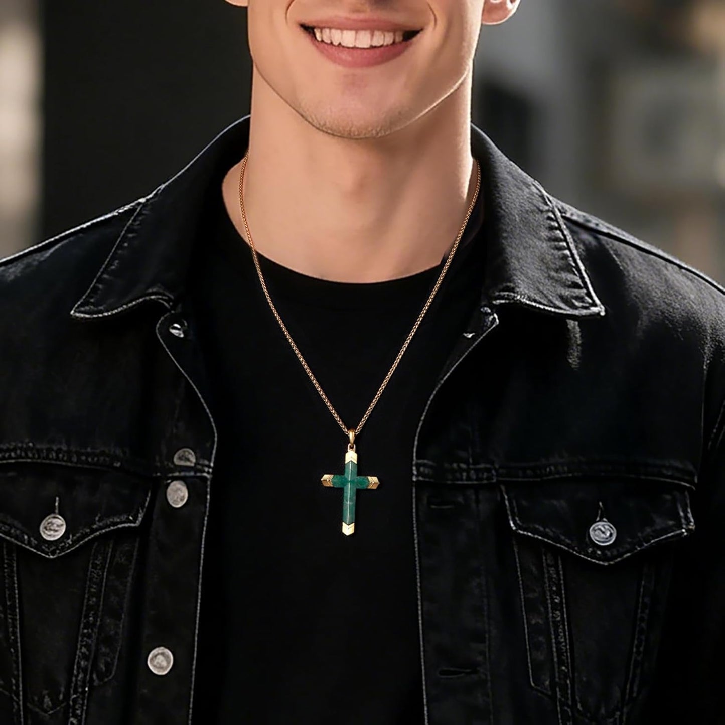Cross Necklace for Men -Stainless Steel & Gemstone Adjustable Box Chain 24-26In, Spiritual Jewelry Gift for Him, Everyday Wear